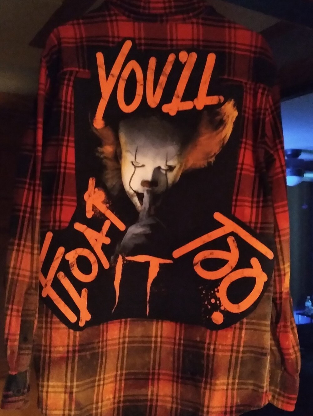 Upcycled Bleached Flannel Shirt W/ Custom IT  HORROR MOVIE back Patch